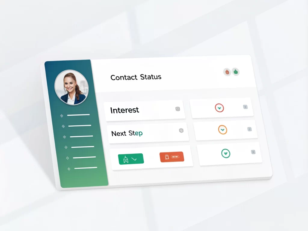 Realistic UI mockup of an AI calling dashboard with call status, interest levels, and next steps.